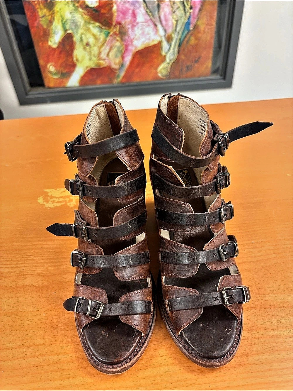 Freebird by Steven Quinn Strappy Leather Heels in Brown & Black
